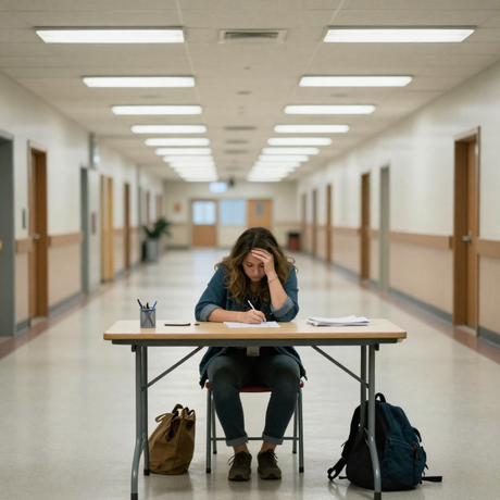 A mom sits at a table in a school common area, ready to greet parents for an event, waiting as the space remains quiet.