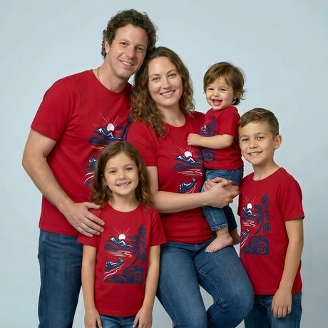 Family of five wearing the Canada at Heart Big Pea unisex tee, studio shot