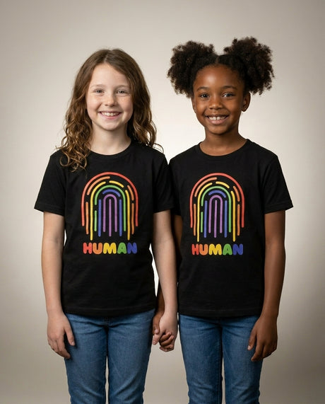 Two kids holding hands in the HUMAN Pride youth tee