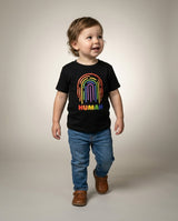 Toddler in the HUMAN Pride tee, full-body editorial